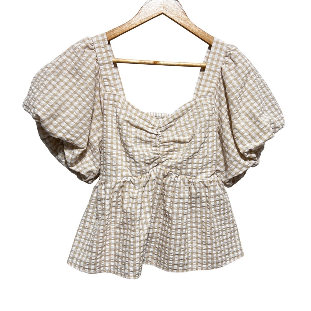 Old Navy Women Cottage Gingham Peplum Top L Tan\ Smocked Milkmaid Puff‎ Sleeve